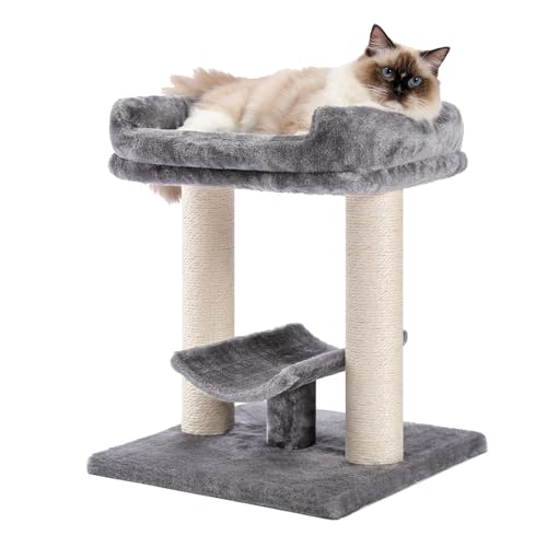 PETEPELA 19" Cat Scratching Post, Cat Tree Tower, 100% Natural Sisal Cat Scratcher with Large Plush Top Perch Bed, Cozy Cat Platform for Kittens and Cats