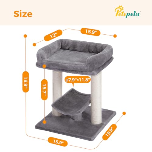 PETEPELA 19" Cat Scratching Post, Cat Tree Tower, 100% Natural Sisal Cat Scratcher with Large Plush Top Perch Bed, Cozy Cat Platform for Kittens and Cats
