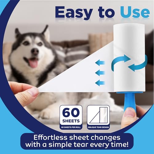 Extra Sticky Lint Roller for Pet Hair Removal – 1 Durable Handle, 4 Refills (360 Sheets) and Protective Cover, Easy Tear Sheets |Reusable Dog & Cat Hair Remover for Clothes, Furniture, Rugs, Bedding