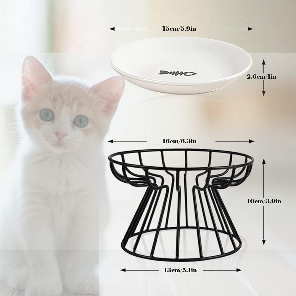 ALEYHA 2023 New Whisker-Friendly Anti-Vomit Cat Plate, Elevated Bowl-Raised Ceramic Cat Bowl with Metal Stand, Food & Water Anti Vomiting Shallow Ceramic Dish for Cat and Small Dogs