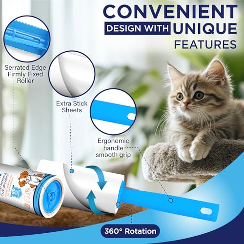 Extra Sticky Lint Roller for Pet Hair Removal – 1 Durable Handle, 4 Refills (360 Sheets) and Protective Cover, Easy Tear Sheets |Reusable Dog & Cat Hair Remover for Clothes, Furniture, Rugs, Bedding