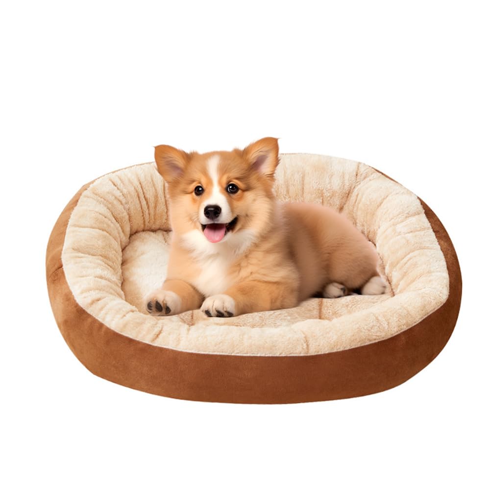 NeoStyle Calming Dog and Cat Bed,Indoor High Cushion Dog Bed, Round Fluffy Pet Bed, Cozy Plush Cuddly Dog Bed, Cute Cartoon Soft Bed, Size for Puppies and Cats(Khaki, M(60 * 50 * 15cm))