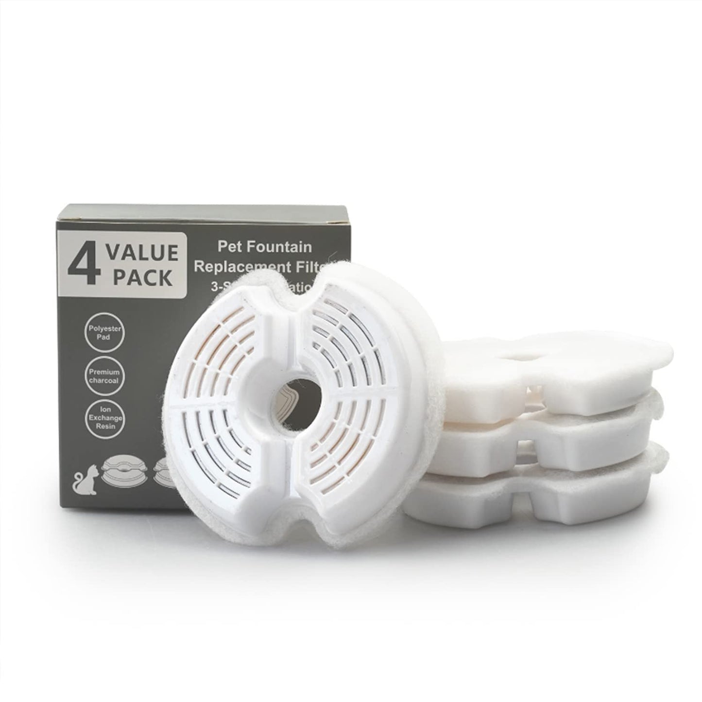 Beauenty 4 Pack Cat Water Fountain Filter Replacement,Cotton Activated Carbon 4 Stage Pet Water Fountain Filter Replacment for Cats and Dogs, Cleaning and Filtering for Pet Fountain (Fountain Filter)