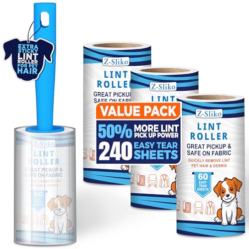 Extra Sticky Lint Roller for Pet Hair Removal – 1 Durable Handle, 4 Refills (360 Sheets) and Protective Cover, Easy Tear Sheets |Reusable Dog & Cat Hair Remover for Clothes, Furniture, Rugs, Bedding