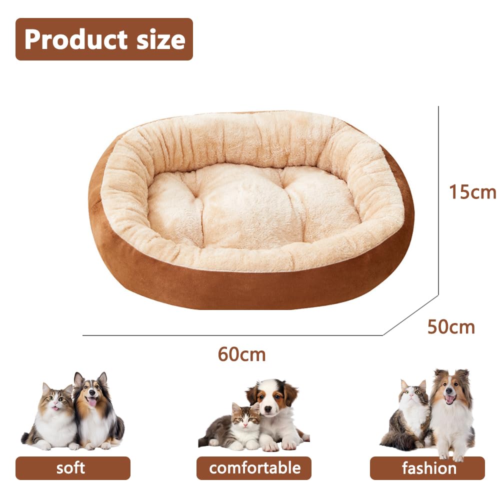 NeoStyle Calming Dog and Cat Bed,Indoor High Cushion Dog Bed, Round Fluffy Pet Bed, Cozy Plush Cuddly Dog Bed, Cute Cartoon Soft Bed, Size for Puppies and Cats(Khaki, M(60 * 50 * 15cm))