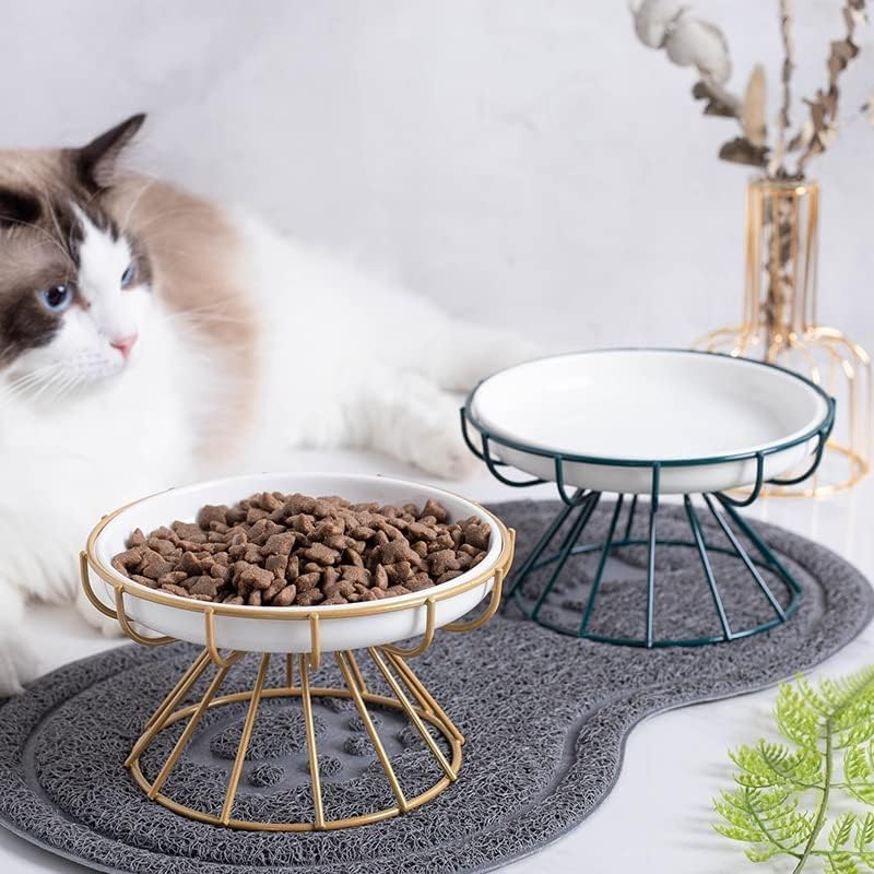 ALEYHA 2023 New Whisker-Friendly Anti-Vomit Cat Plate, Elevated Bowl-Raised Ceramic Cat Bowl with Metal Stand, Food & Water Anti Vomiting Shallow Ceramic Dish for Cat and Small Dogs