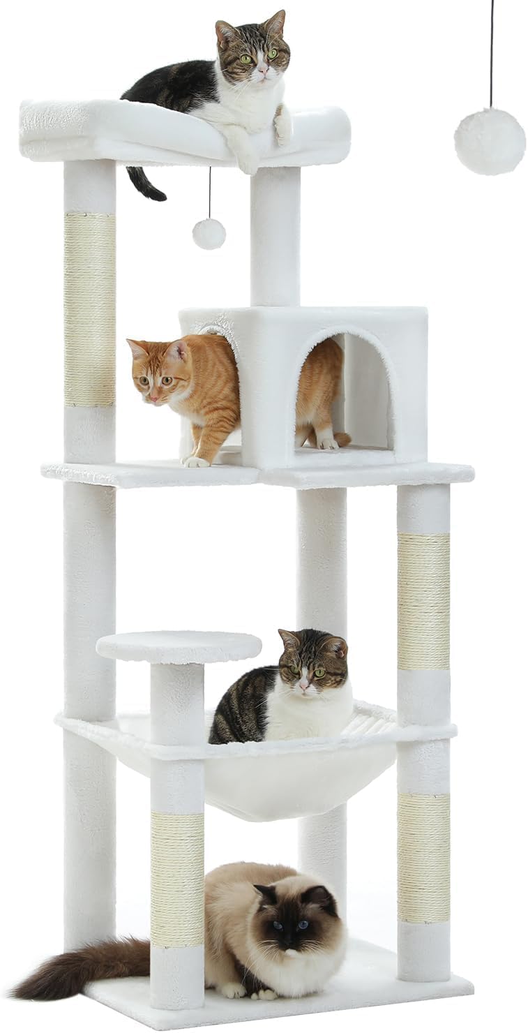 LOYAL RAIN 143 cm Tall Cat Tree for Indoor Cats, Multi-Level Cat Tower with Super Large Hammock, Sisal Covered Scratching Posts, Cozy Condo and Top Perch (Cream White, Large)