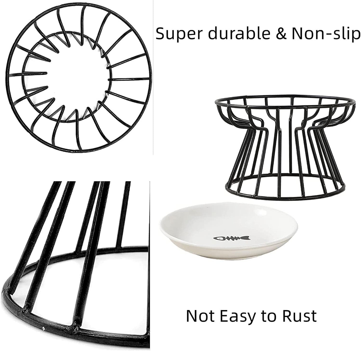 ALEYHA 2023 New Whisker-Friendly Anti-Vomit Cat Plate, Elevated Bowl-Raised Ceramic Cat Bowl with Metal Stand, Food & Water Anti Vomiting Shallow Ceramic Dish for Cat and Small Dogs