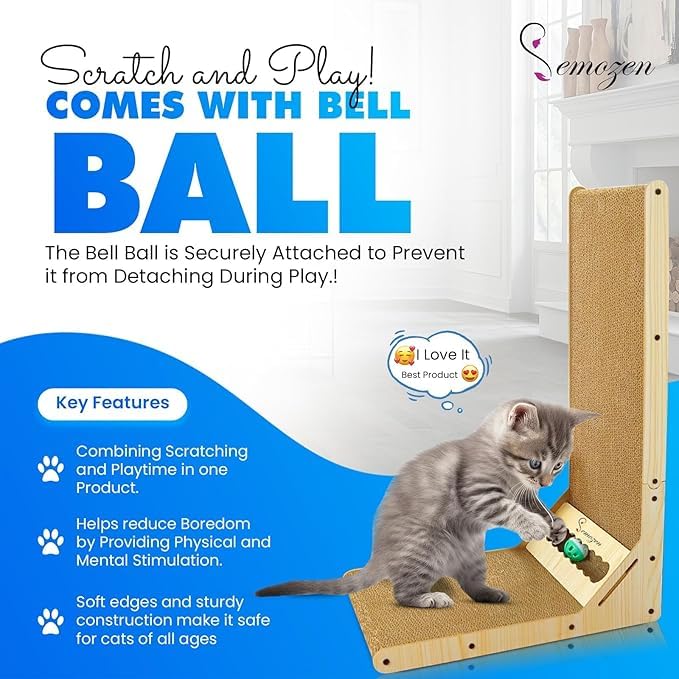 Semozen Cat Scratcher, Cat Scratching Post, Cardboard Cat Scratching Board with Ball Toy, Large Vertical L Shape Cat Scratcher Scratch Pads Cat Toys for Indoor