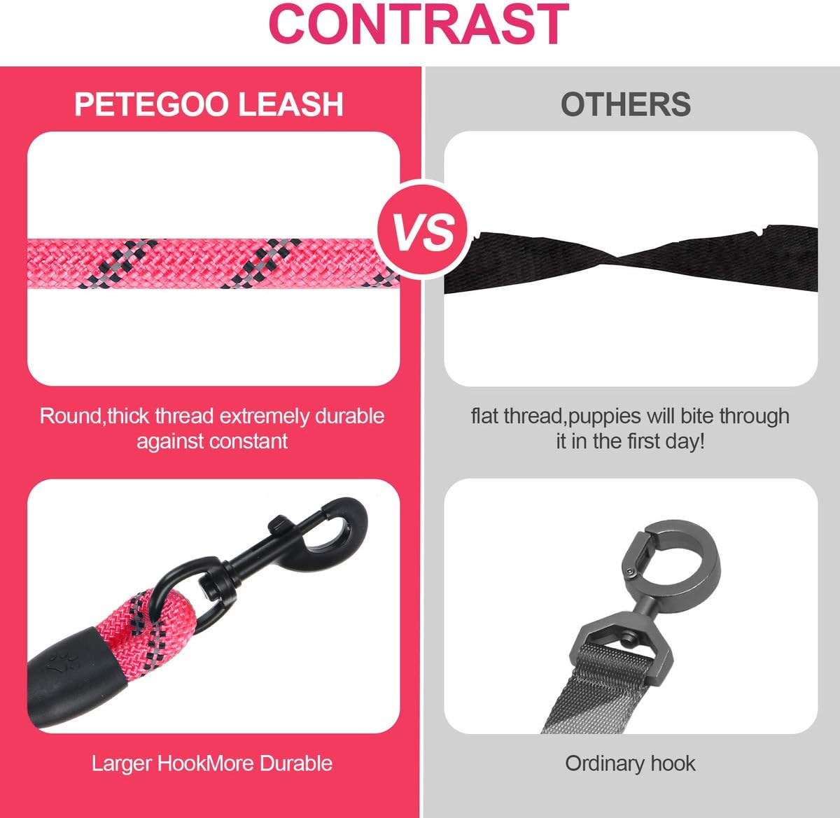 Petmegoo 5ft 1/2in Strong Pink Dog Leash for Large Dogs & Medium Size Dogs - Highly Reflective Heavy Duty Dog Rope Leash with Soft Padded Anti-Slip Handle- for 18-120 lbs Dogs