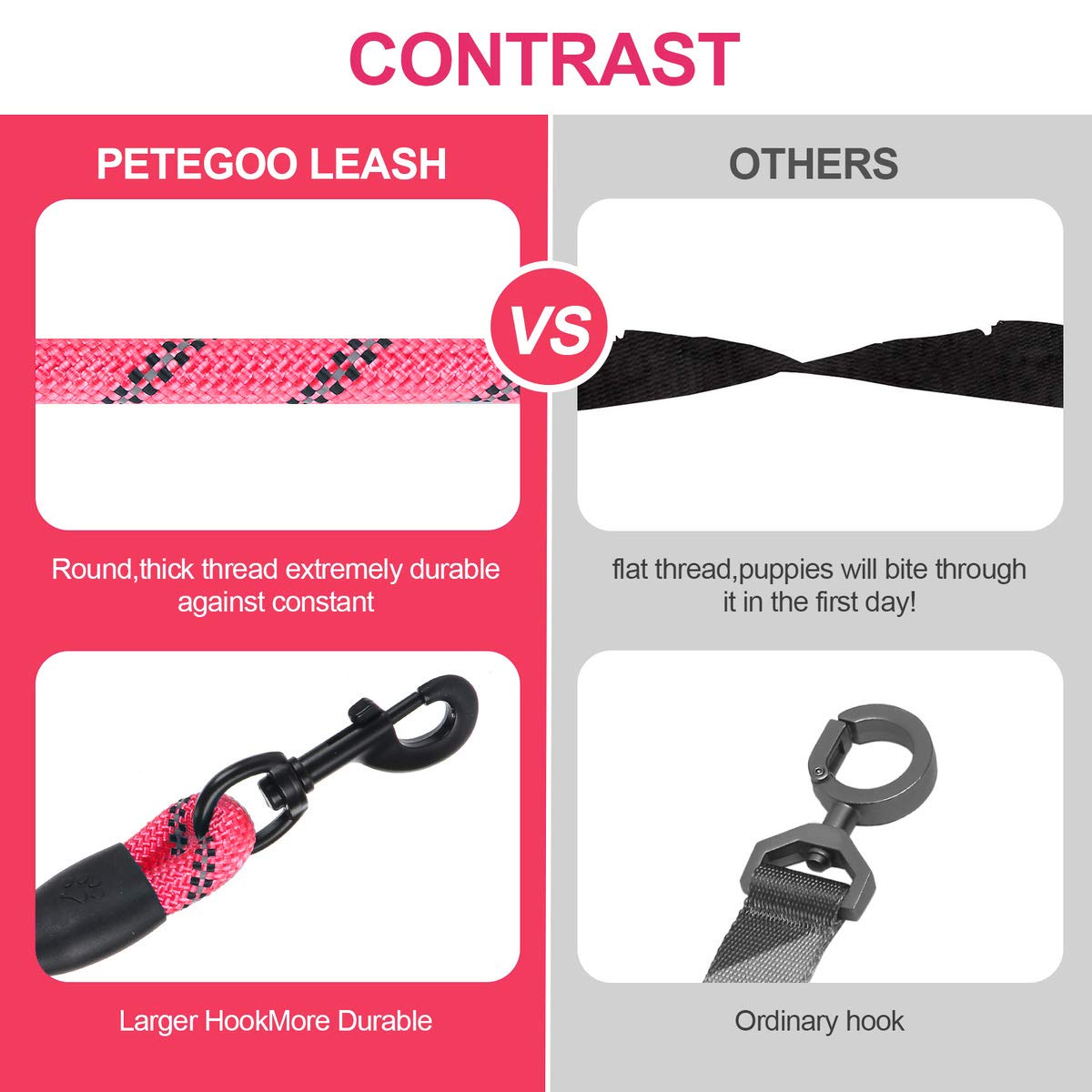 Petmegoo 5ft 1/2in Strong Pink Dog Leash for Large Dogs & Medium Size Dogs - Highly Reflective Heavy Duty Dog Rope Leash with Soft Padded Anti-Slip Handle- for 18-120 lbs Dogs