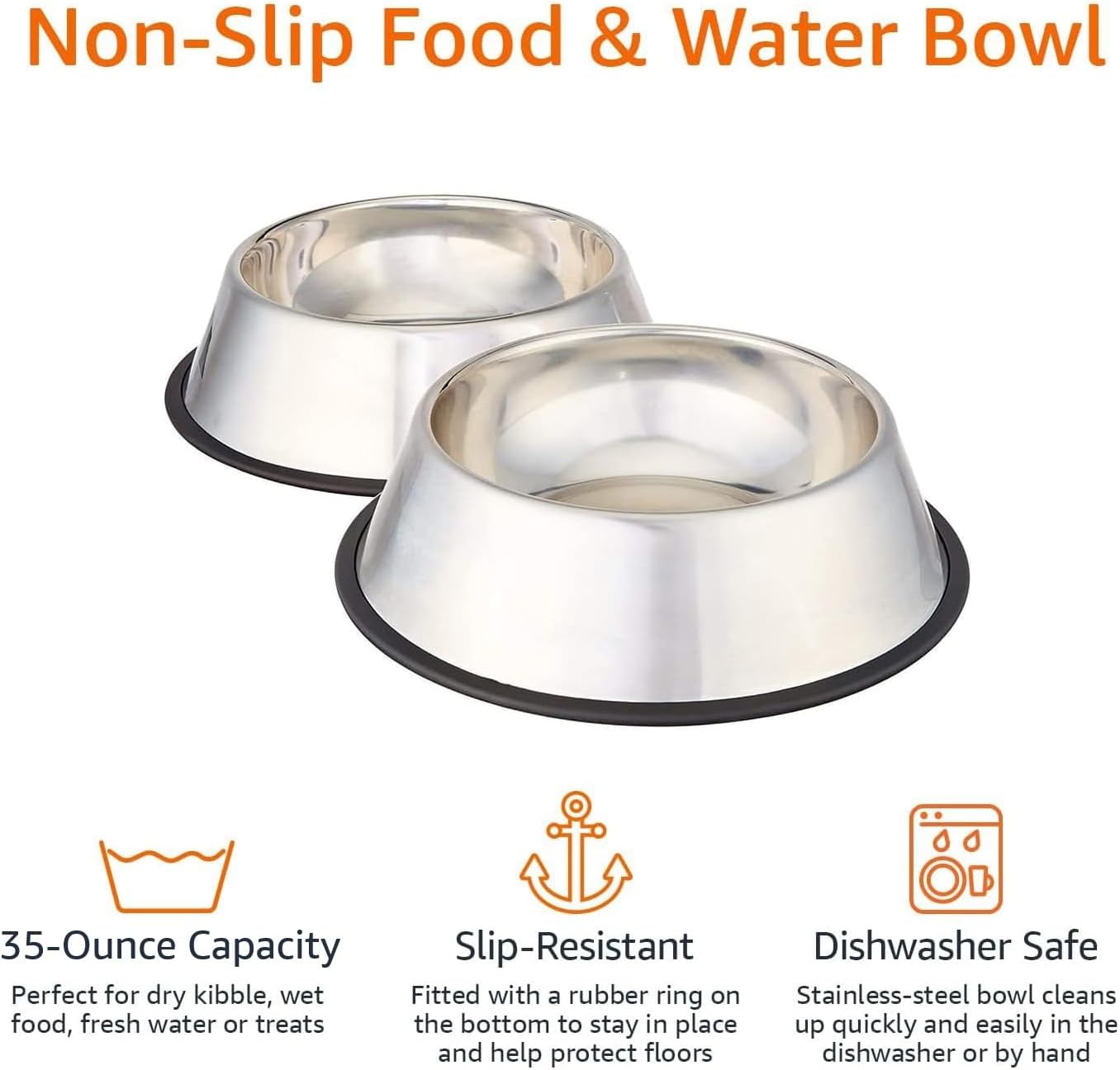 Amazon Basics Stainless Steel Pet Dog Water And Food Bowl, Set of 2 (11 x 3 Inches)