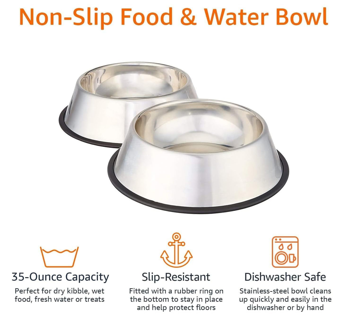 Amazon Basics Stainless Steel Pet Dog Water And Food Bowl, Set of 2 (11 x 3 Inches)