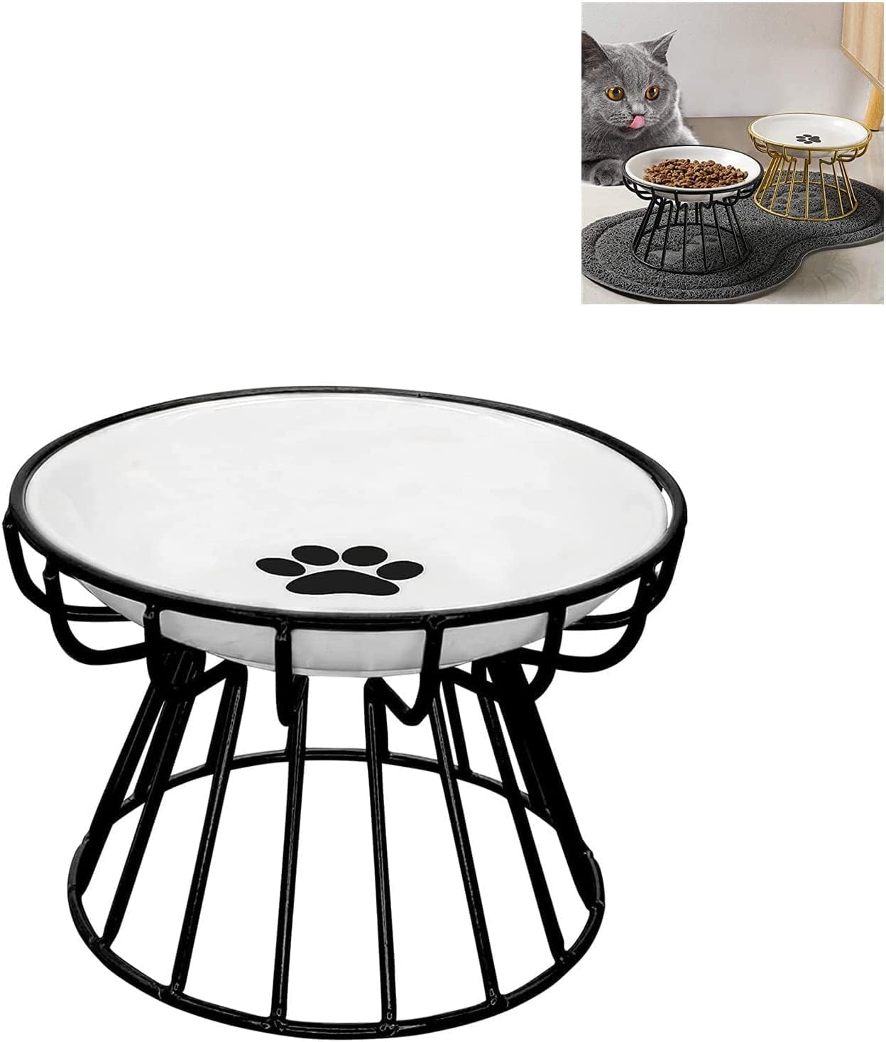 ALEYHA 2023 New Whisker-Friendly Anti-Vomit Cat Plate, Elevated Bowl-Raised Ceramic Cat Bowl with Metal Stand, Food & Water Anti Vomiting Shallow Ceramic Dish for Cat and Small Dogs