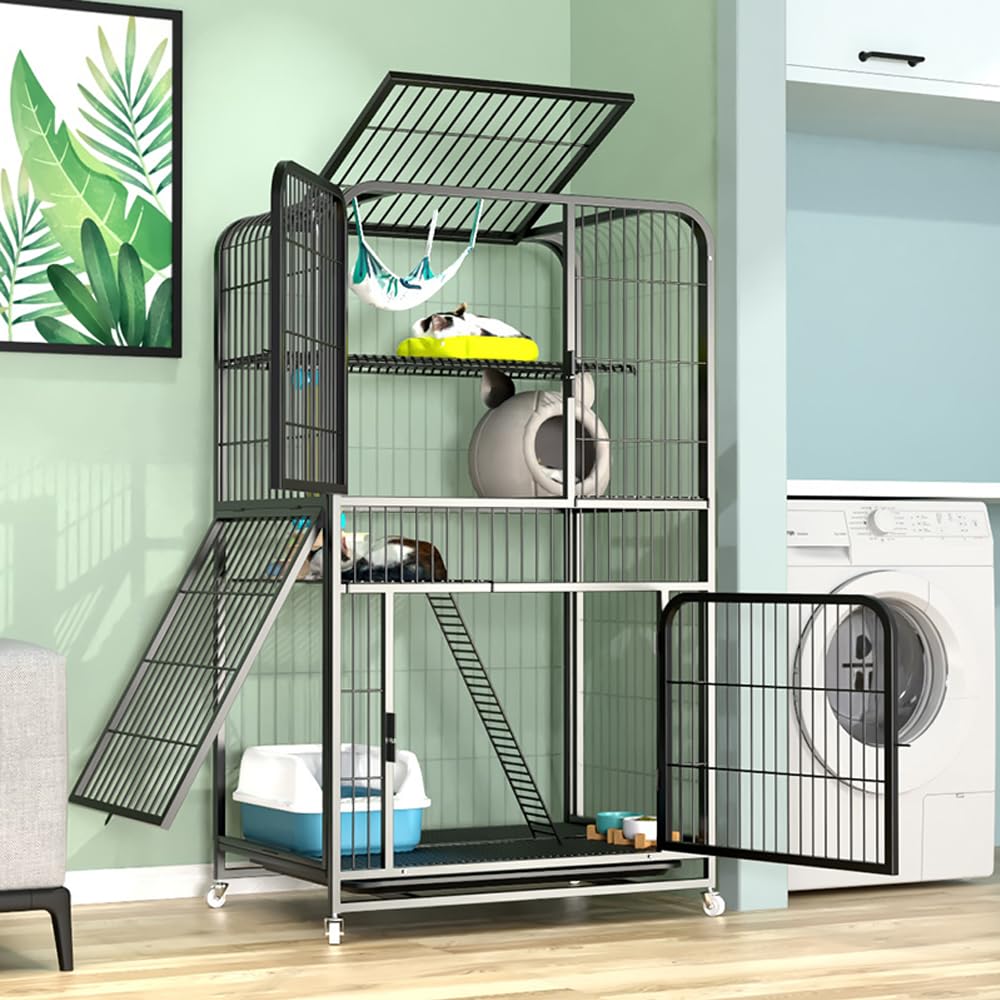 NeoStyle Large Cat Cage 4 Tier,Cat Cage Playpen Box Crate Kennel for Indoor Cats with Doors & Detachable Tray & Ladders & Wheels (Black(76 * 54 * 136cm))