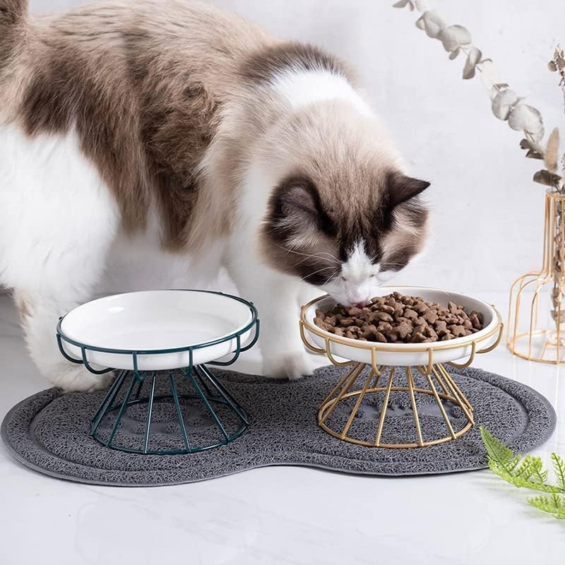 ALEYHA 2023 New Whisker-Friendly Anti-Vomit Cat Plate, Elevated Bowl-Raised Ceramic Cat Bowl with Metal Stand, Food & Water Anti Vomiting Shallow Ceramic Dish for Cat and Small Dogs