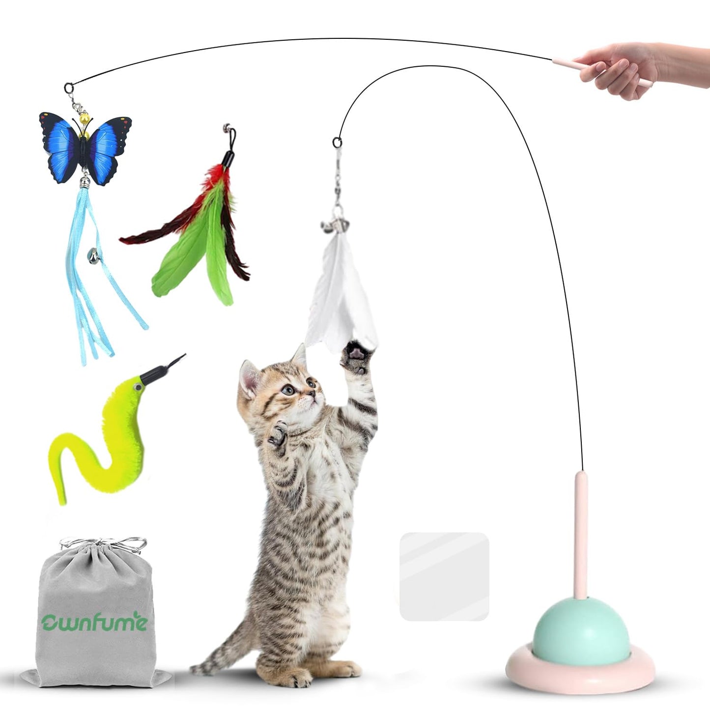 Ownfume Cat Feather Toys,Cat Wand Toy with Powerful Suction Cup Detachable,4 PCS Feather Replacements with Bell,Interactive Kitten Sticks for Indoor Cats
