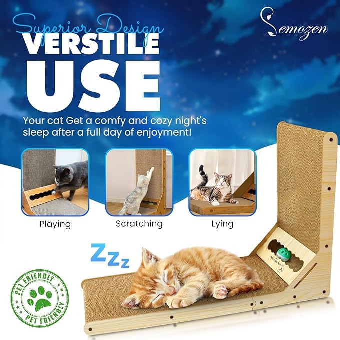 Semozen Cat Scratcher, Cat Scratching Post, Cardboard Cat Scratching Board with Ball Toy, Large Vertical L Shape Cat Scratcher Scratch Pads Cat Toys for Indoor