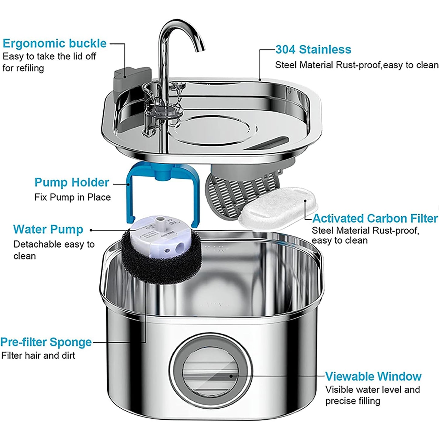 Beauenty Cat Water Fountain,Stainless Steel Pet Fountain with Quiet Pump,3.2L/108oz Large Capacity Pet Water Dispenser Suitable for Indoor Use (A)