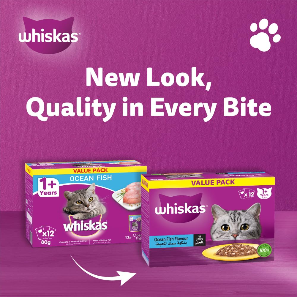 Whiskas Oceanfish in Jelly Wet Cat Food Pack of 12x80g, Wet Food for 1+ Years Adult Cats, Complete and Balanced Nutrition