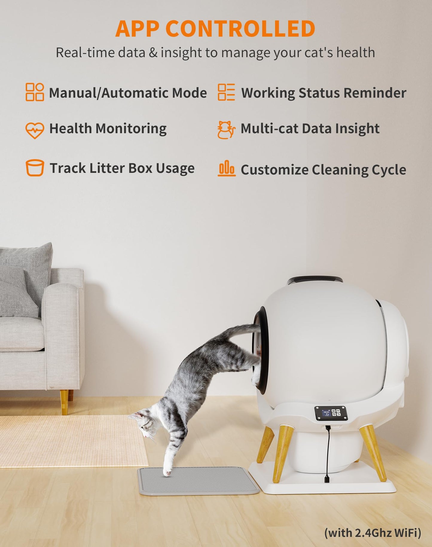 HoneyGuaridan Self Cleaning Cat Litter Box Automatic Cat Litter Box, APP Control Health Monitoring for Multiple Cats, Anti-Pinch/Odor-Removal Design, with 2 Rolls Garbage Bags/Mats