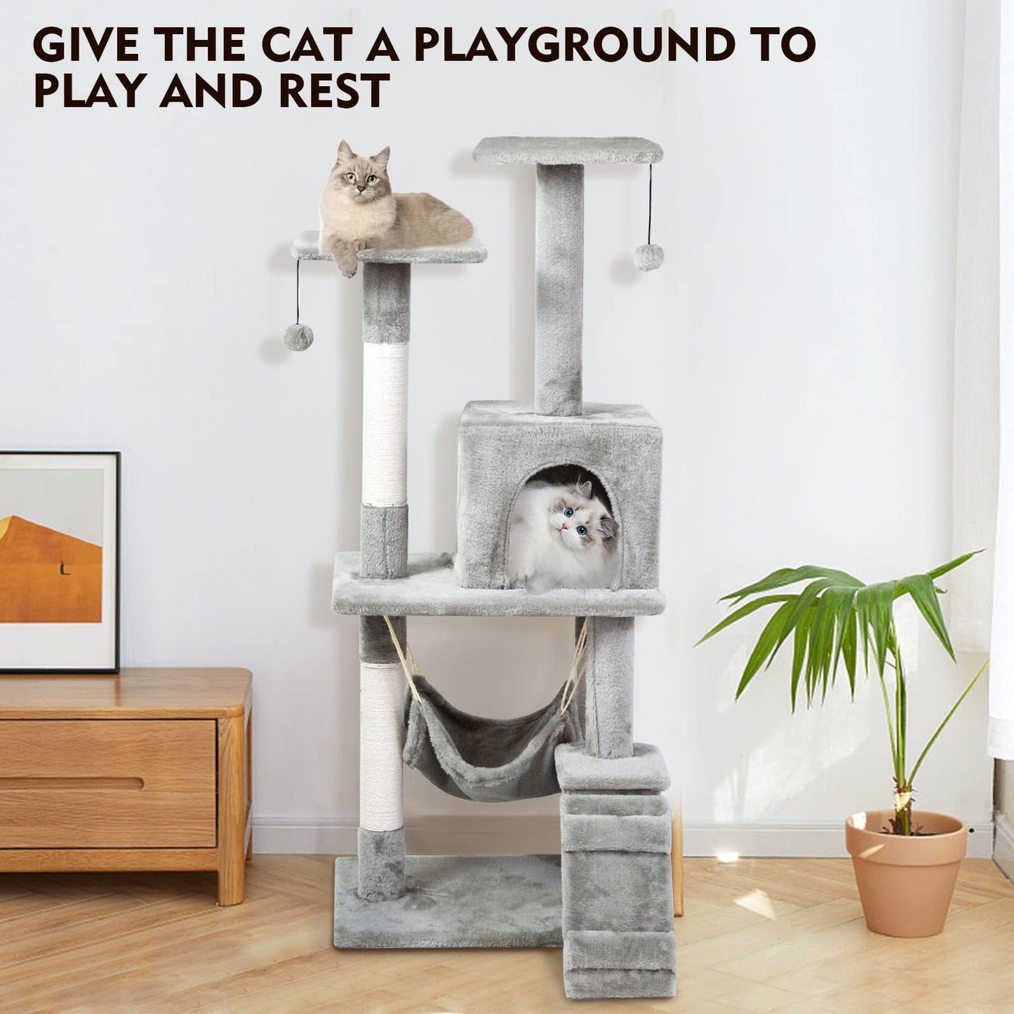SKY-TOUCH Cat Tree Tower|Durable Cat Condo with Sisal Scratching Posts|Cozy Cat House,|Ladder & Resting Platforms for Indoor Use | Assembly accessories|120×49×39cm,Gray