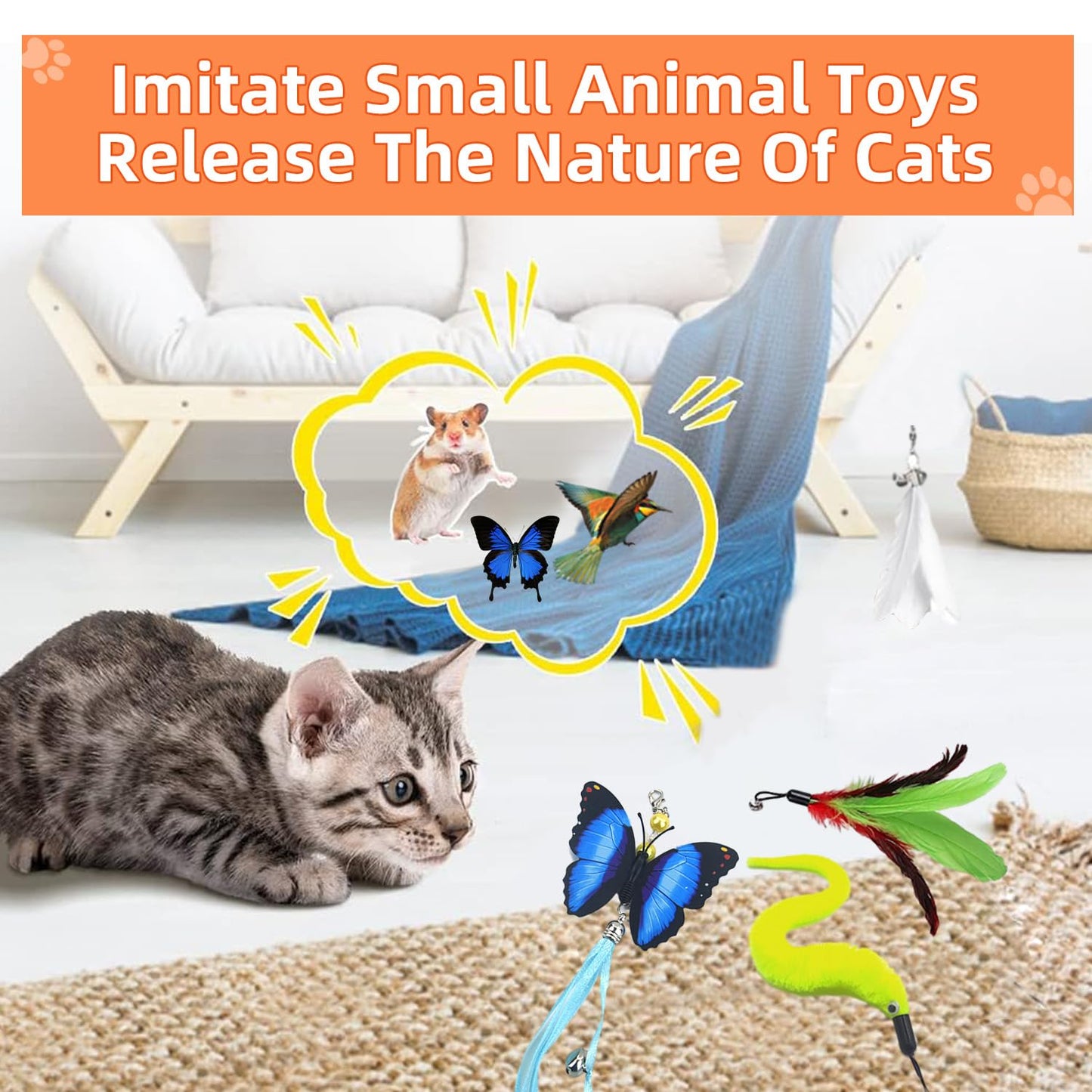 Ownfume Cat Feather Toys,Cat Wand Toy with Powerful Suction Cup Detachable,4 PCS Feather Replacements with Bell,Interactive Kitten Sticks for Indoor Cats