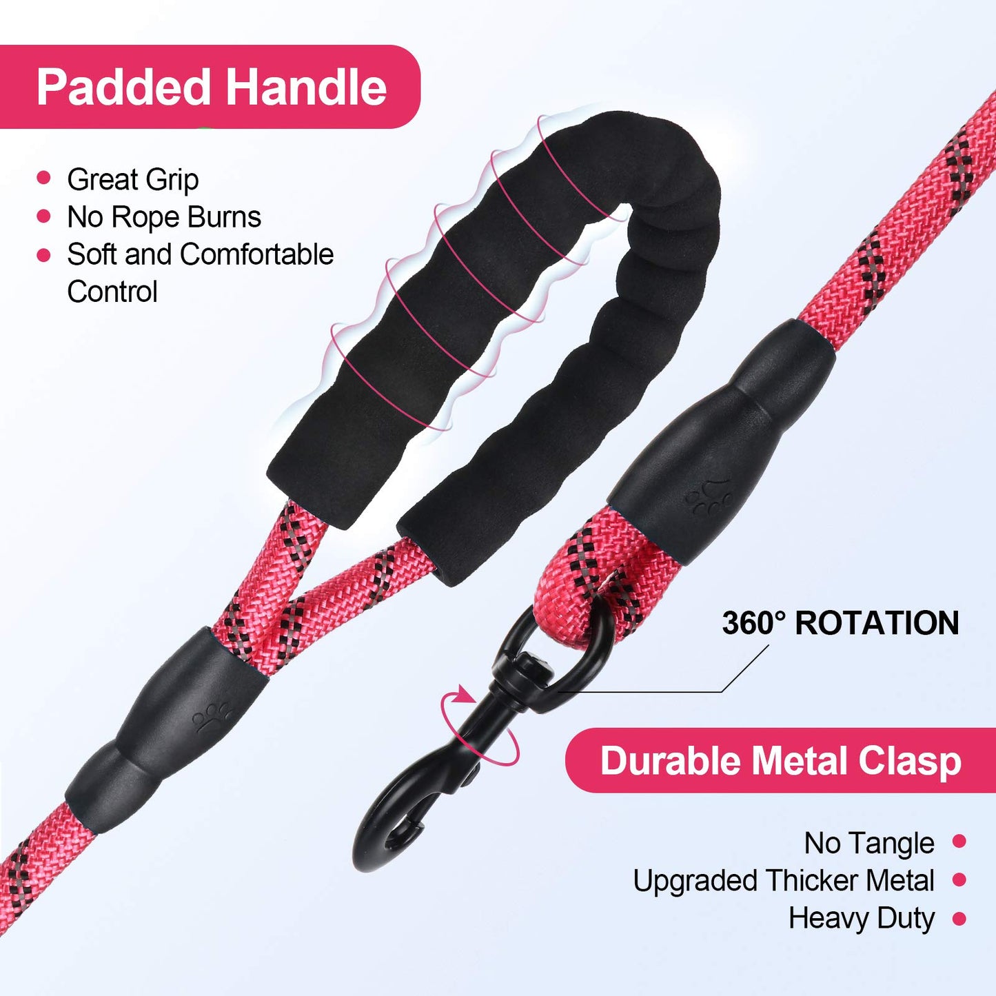 Petmegoo 5ft 1/2in Strong Pink Dog Leash for Large Dogs & Medium Size Dogs - Highly Reflective Heavy Duty Dog Rope Leash with Soft Padded Anti-Slip Handle- for 18-120 lbs Dogs