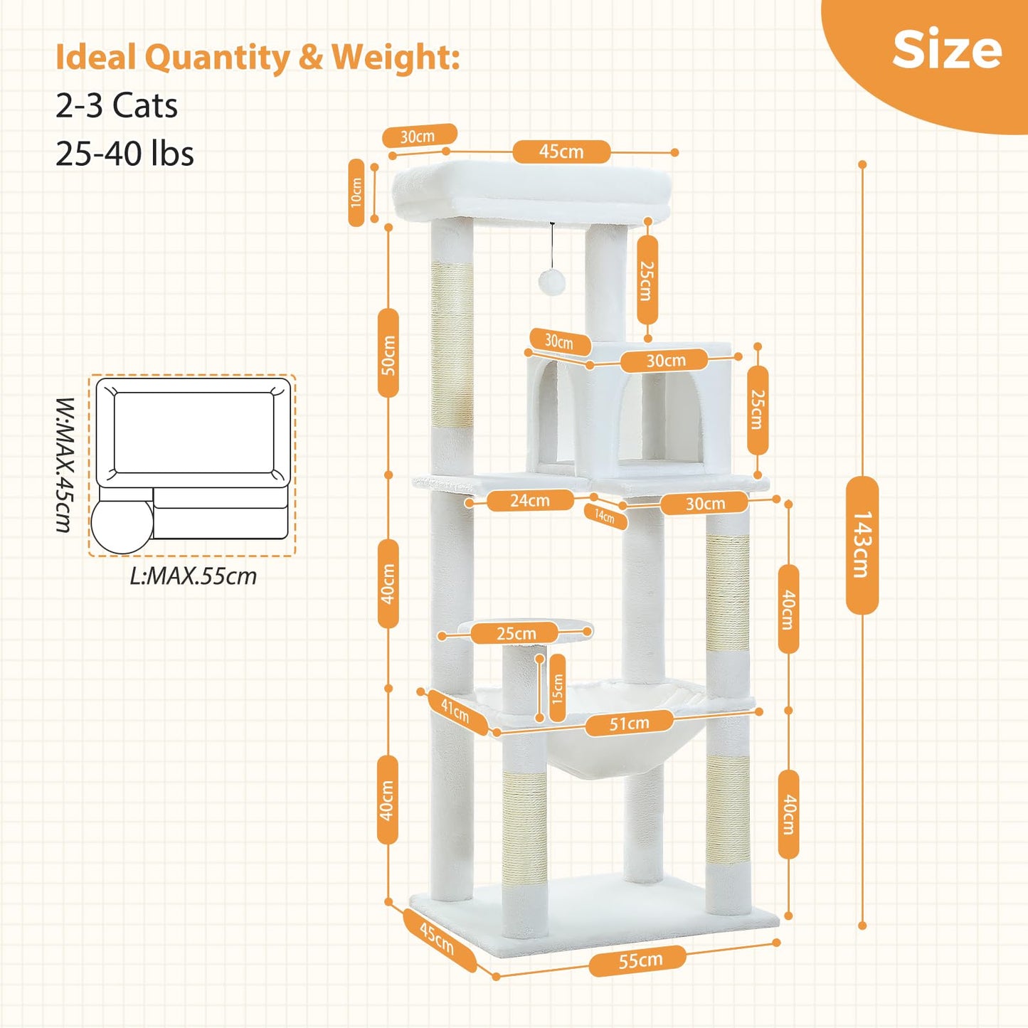 LOYAL RAIN 143 cm Tall Cat Tree for Indoor Cats, Multi-Level Cat Tower with Super Large Hammock, Sisal Covered Scratching Posts, Cozy Condo and Top Perch (Cream White, Large)