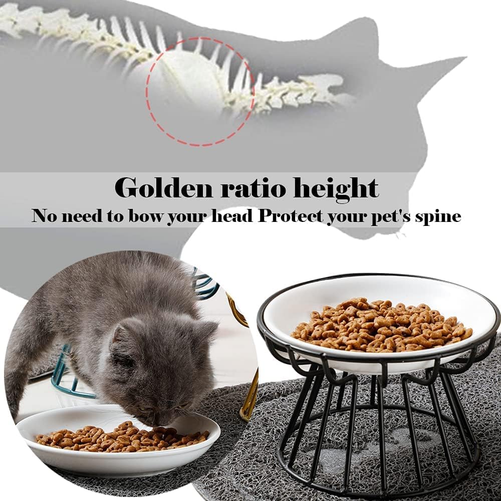ALEYHA 2023 New Whisker-Friendly Anti-Vomit Cat Plate, Elevated Bowl-Raised Ceramic Cat Bowl with Metal Stand, Food & Water Anti Vomiting Shallow Ceramic Dish for Cat and Small Dogs
