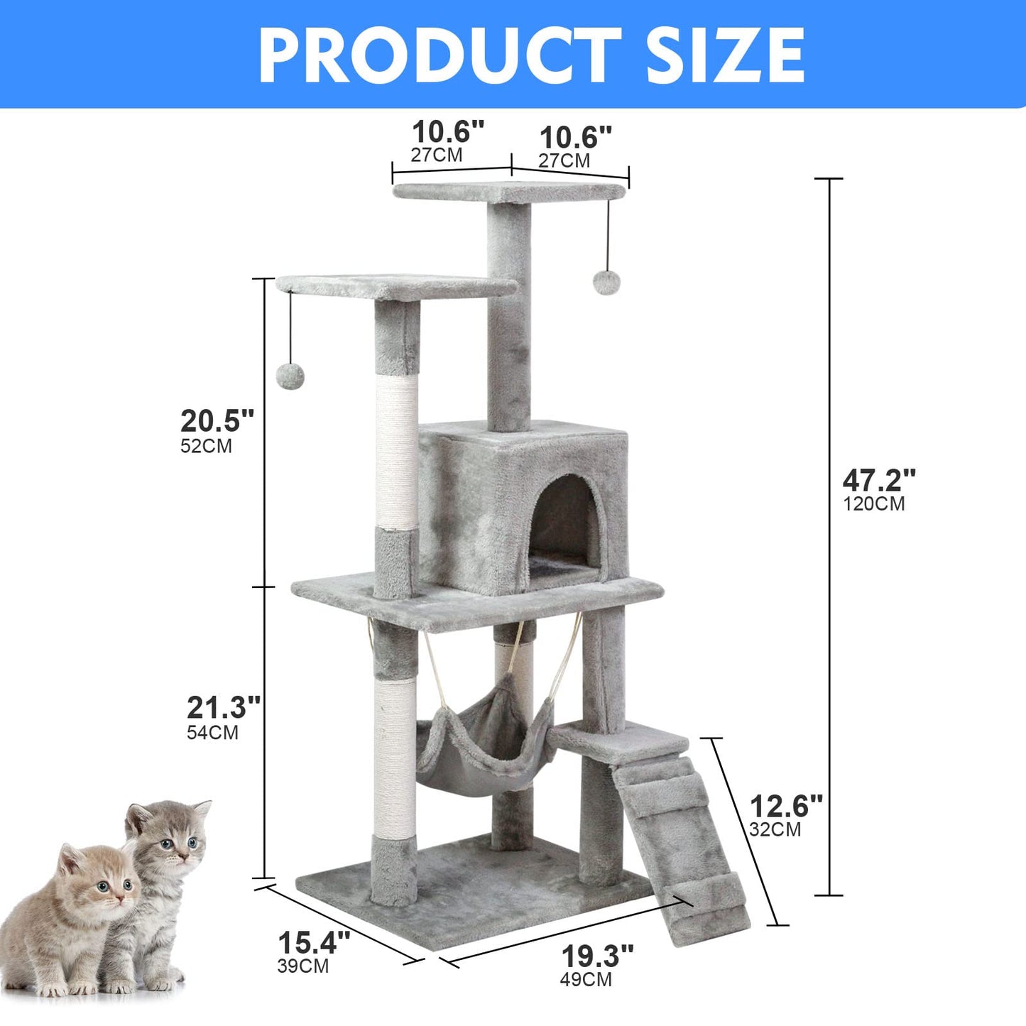 SKY-TOUCH Cat Tree Tower|Durable Cat Condo with Sisal Scratching Posts|Cozy Cat House,|Ladder & Resting Platforms for Indoor Use | Assembly accessories|120×49×39cm,Gray