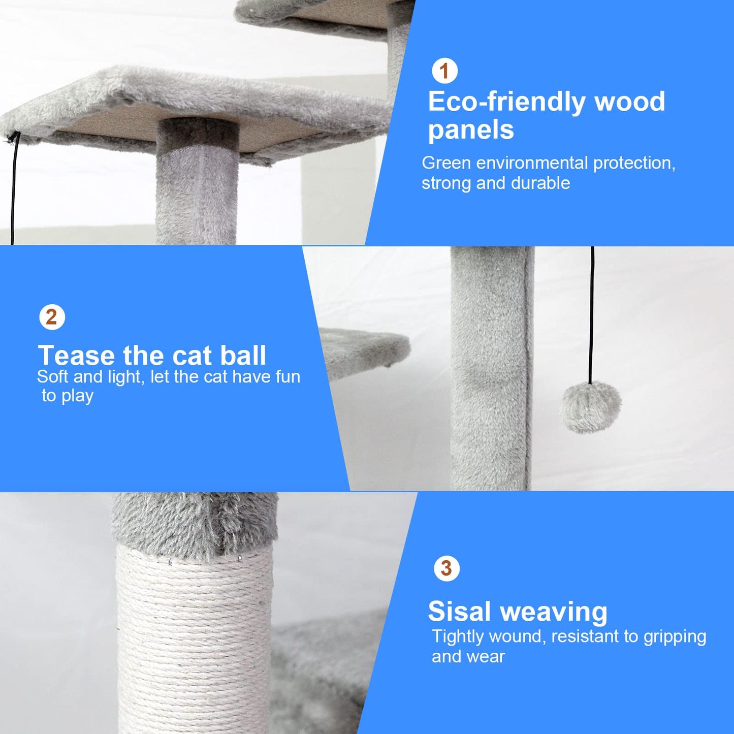 SKY-TOUCH Cat Tree Tower|Durable Cat Condo with Sisal Scratching Posts|Cozy Cat House,|Ladder & Resting Platforms for Indoor Use | Assembly accessories|120×49×39cm,Gray