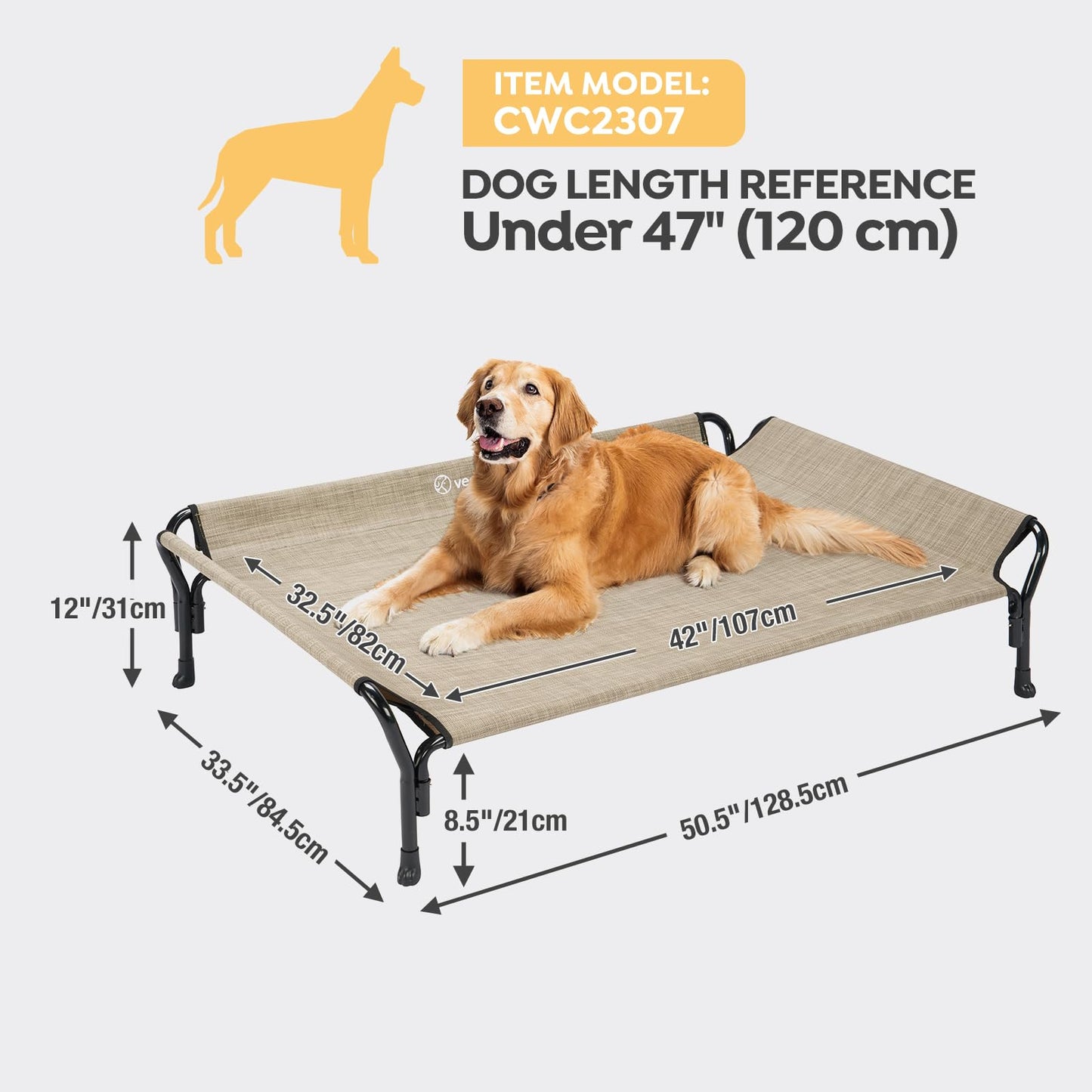 Veehoo Cooling Raised Dog Bed, Guardrail Elevated Dog Bed, Chewproof Dog Bed Frame with Washable & Breathable Teslin Mesh, Non-Slip Dog Sofa Bed Cot for Indoor & Outdoor, X Large, Beige Coffee