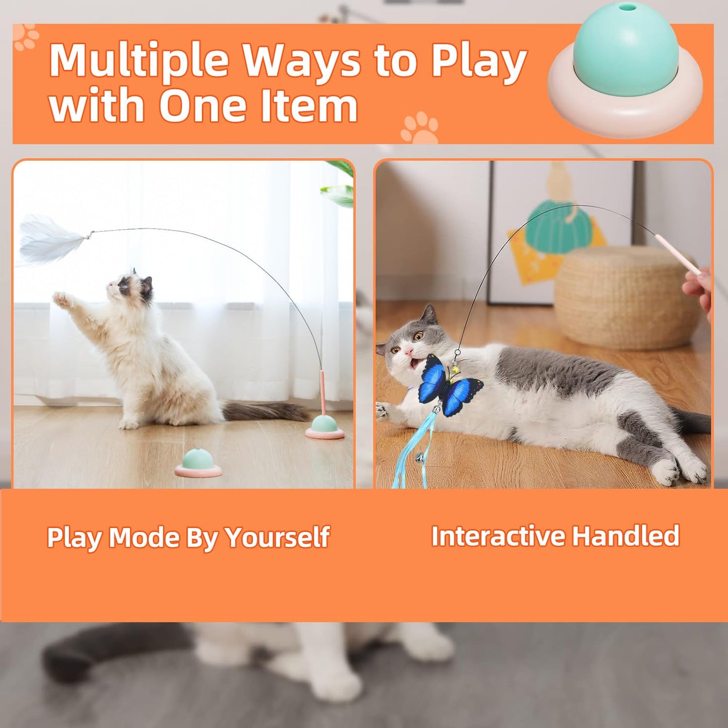 Ownfume Cat Feather Toys,Cat Wand Toy with Powerful Suction Cup Detachable,4 PCS Feather Replacements with Bell,Interactive Kitten Sticks for Indoor Cats
