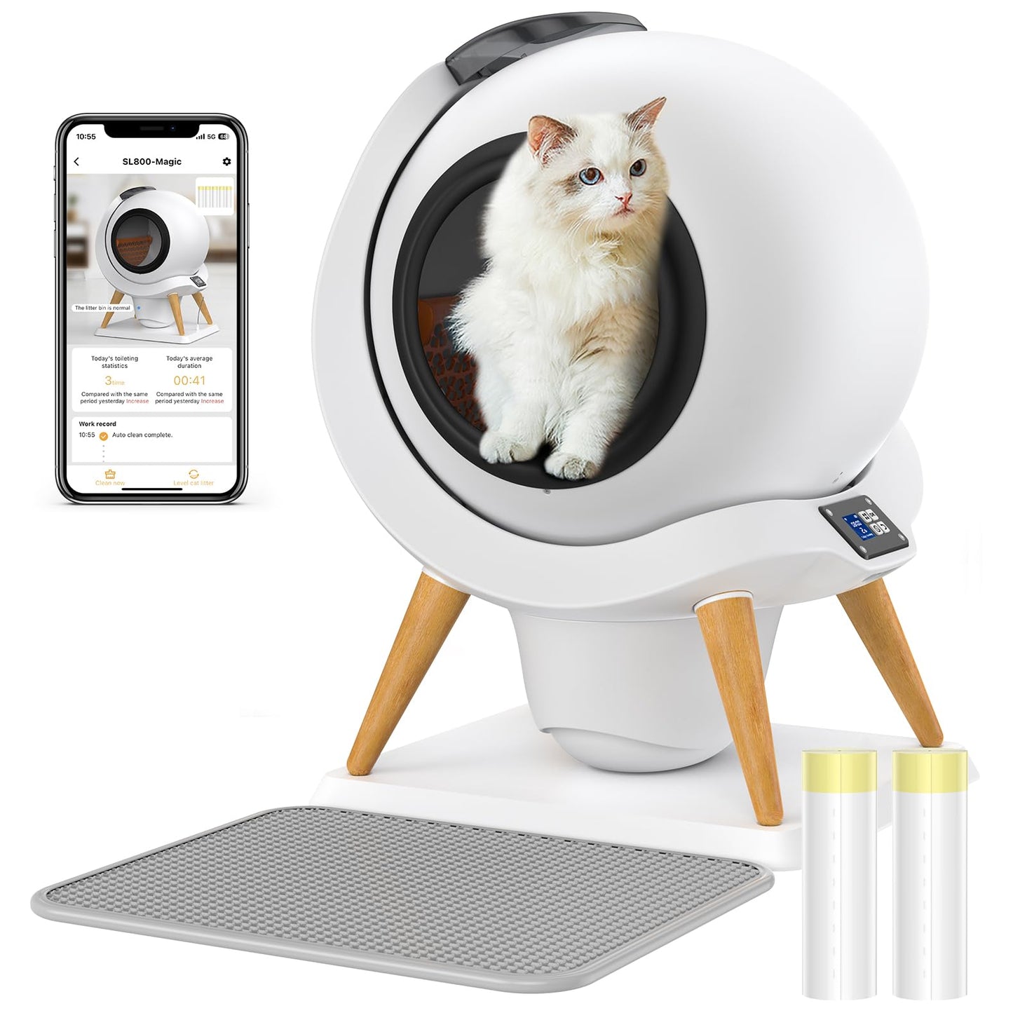 HoneyGuaridan Self Cleaning Cat Litter Box Automatic Cat Litter Box, APP Control Health Monitoring for Multiple Cats, Anti-Pinch/Odor-Removal Design, with 2 Rolls Garbage Bags/Mats