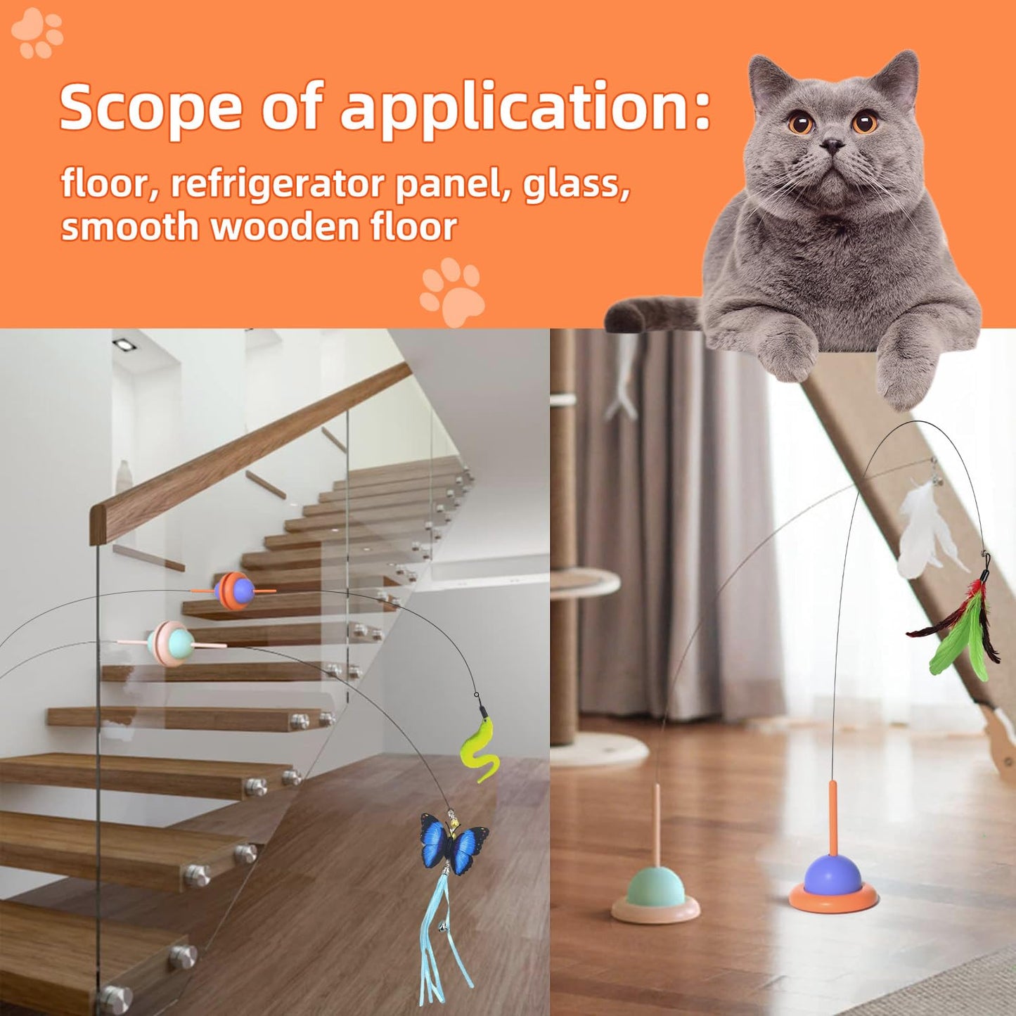 Ownfume Cat Feather Toys,Cat Wand Toy with Powerful Suction Cup Detachable,4 PCS Feather Replacements with Bell,Interactive Kitten Sticks for Indoor Cats