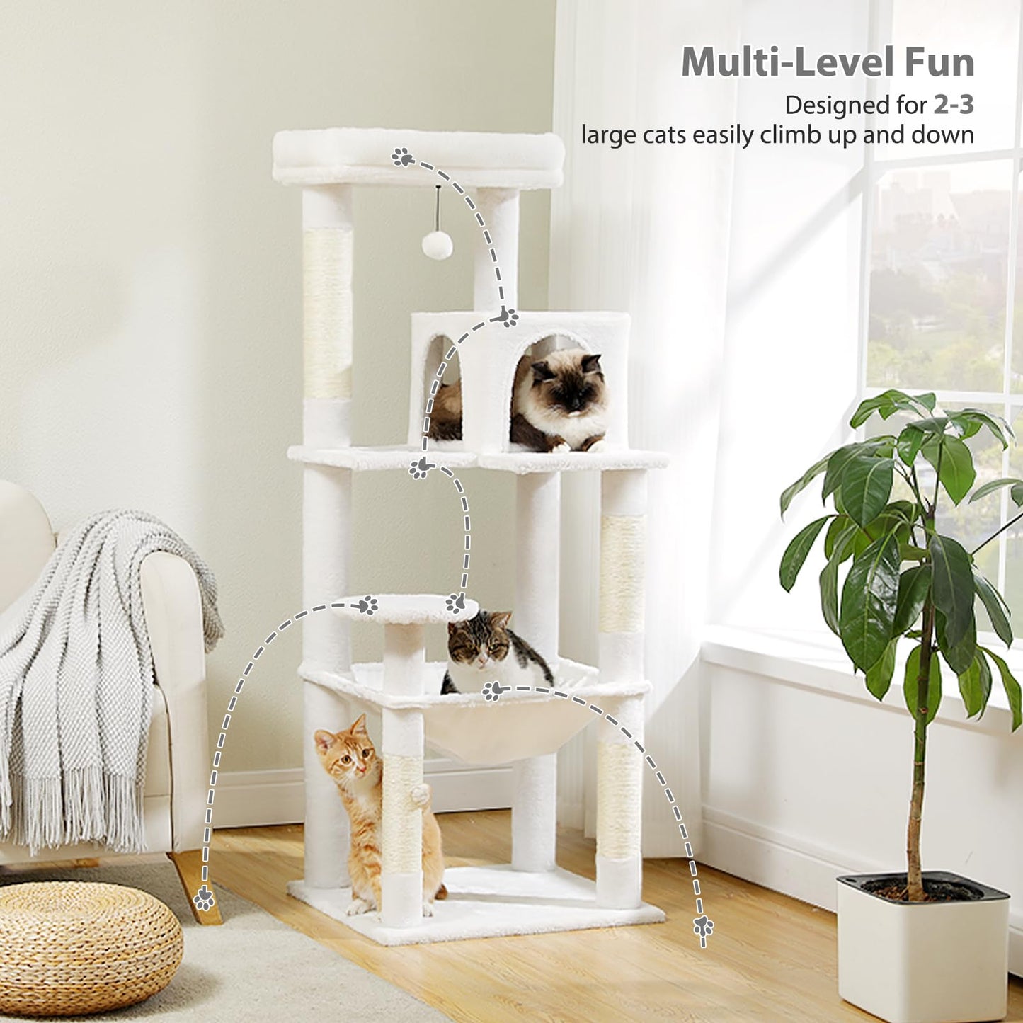 LOYAL RAIN 143 cm Tall Cat Tree for Indoor Cats, Multi-Level Cat Tower with Super Large Hammock, Sisal Covered Scratching Posts, Cozy Condo and Top Perch (Cream White, Large)