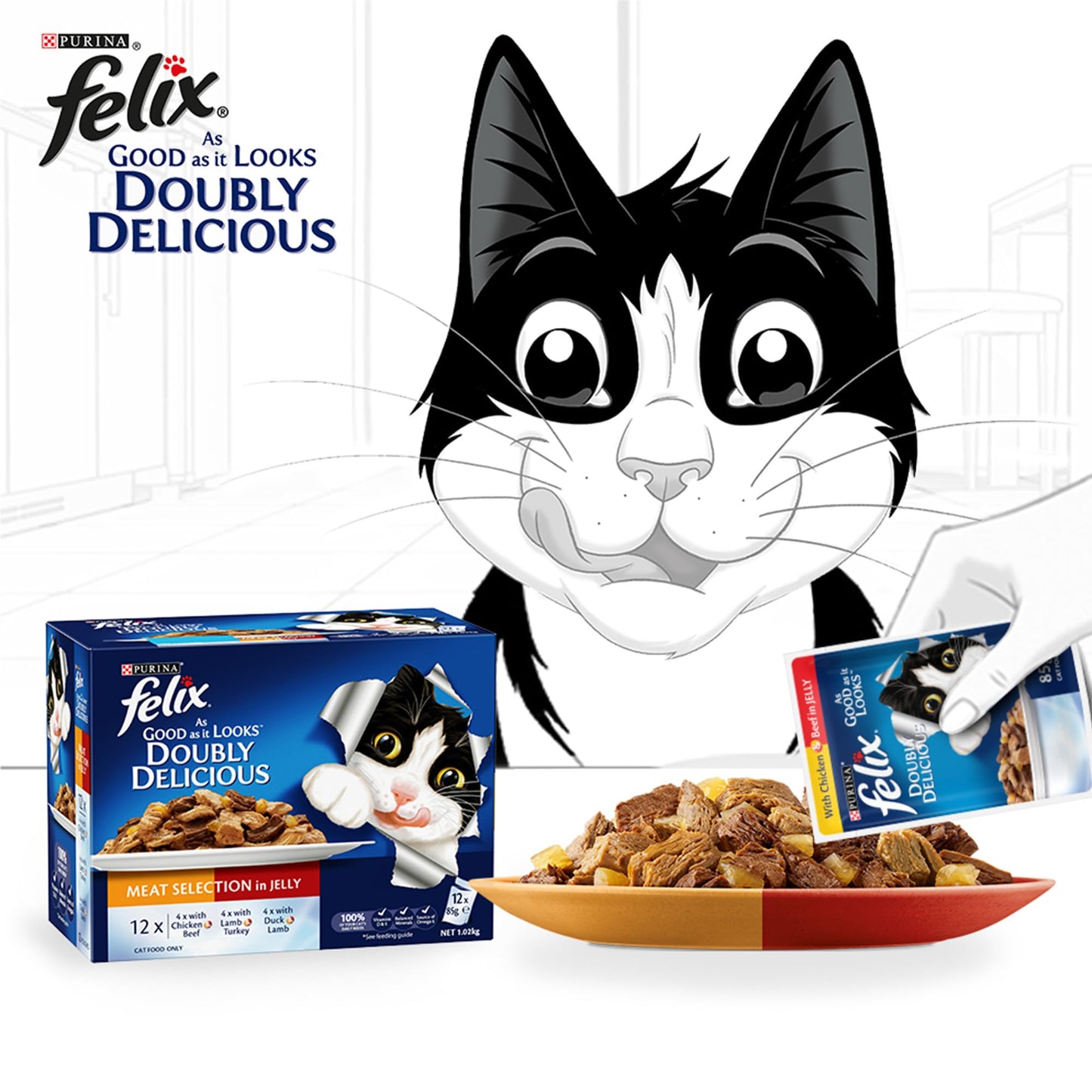 Purina Felix As Good As It Look Doubly Delicious Wet Cat Food Meat Selections 85g (Pack of 12)