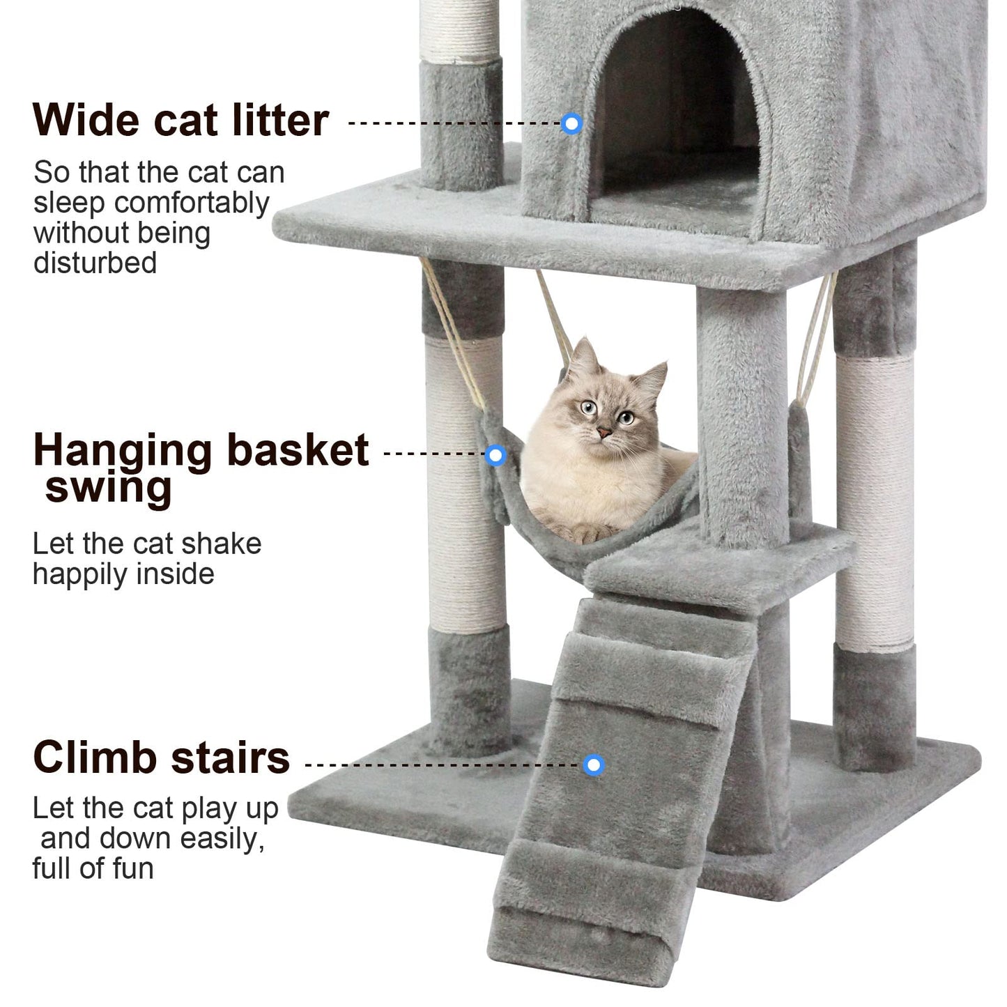 SKY-TOUCH Cat Tree Tower|Durable Cat Condo with Sisal Scratching Posts|Cozy Cat House,|Ladder & Resting Platforms for Indoor Use | Assembly accessories|120×49×39cm,Gray