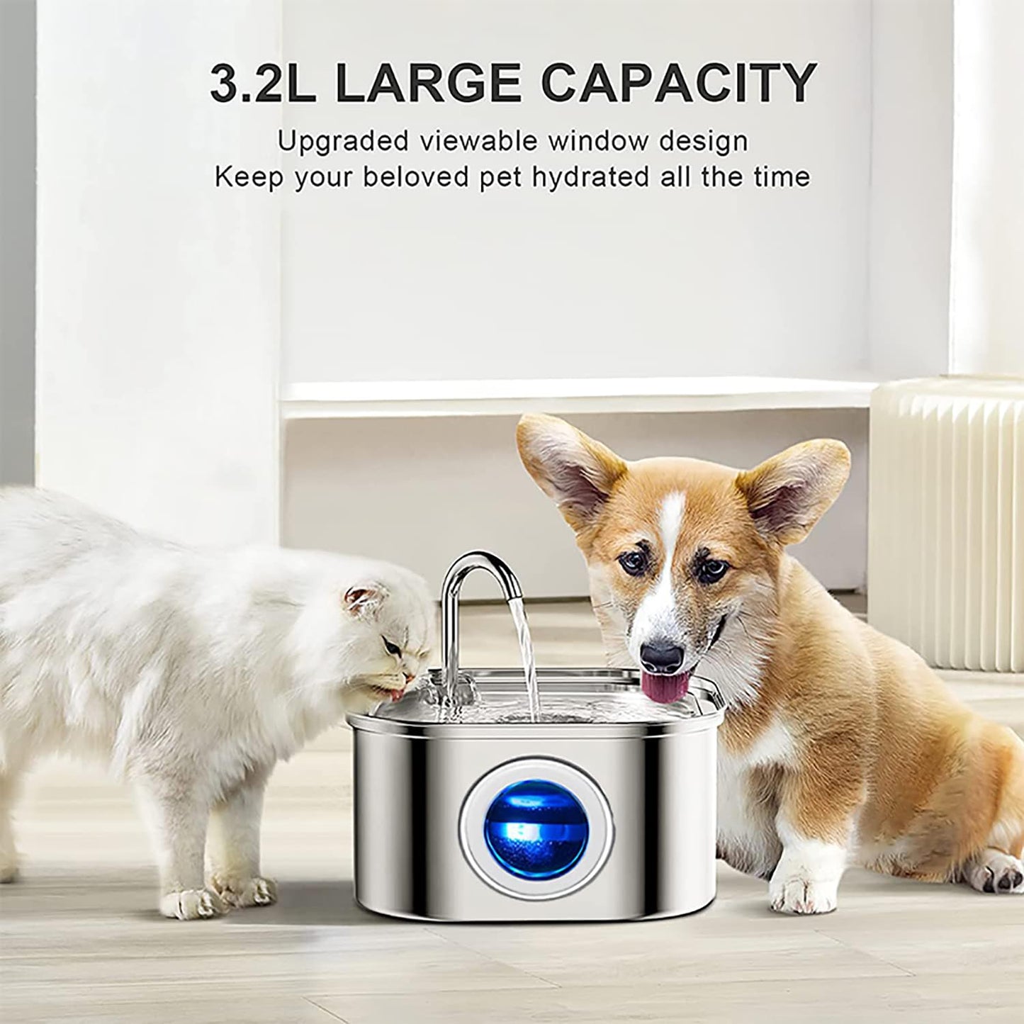Beauenty Cat Water Fountain,Stainless Steel Pet Fountain with Quiet Pump,3.2L/108oz Large Capacity Pet Water Dispenser Suitable for Indoor Use (A)