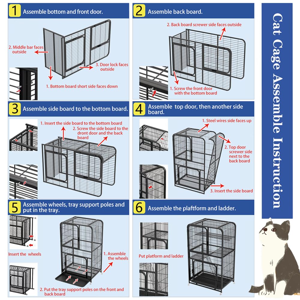 NeoStyle Large Cat Cage 4 Tier,Cat Cage Playpen Box Crate Kennel for Indoor Cats with Doors & Detachable Tray & Ladders & Wheels (Black(76 * 54 * 136cm))
