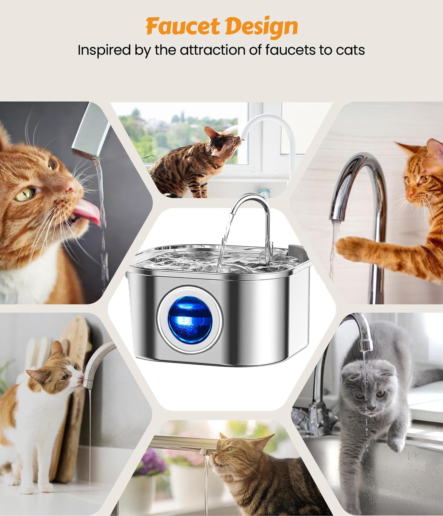 Beauenty Cat Water Fountain,Stainless Steel Pet Fountain with Quiet Pump,3.2L/108oz Large Capacity Pet Water Dispenser Suitable for Indoor Use (A)