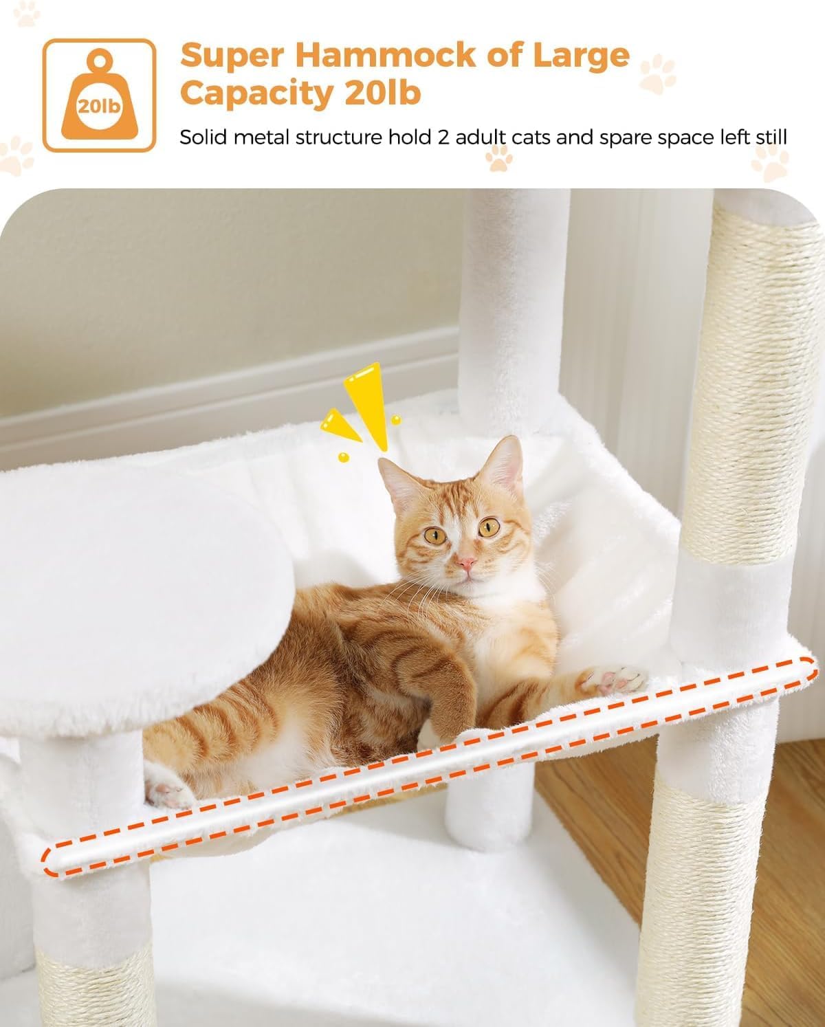 LOYAL RAIN 143 cm Tall Cat Tree for Indoor Cats, Multi-Level Cat Tower with Super Large Hammock, Sisal Covered Scratching Posts, Cozy Condo and Top Perch (Cream White, Large)
