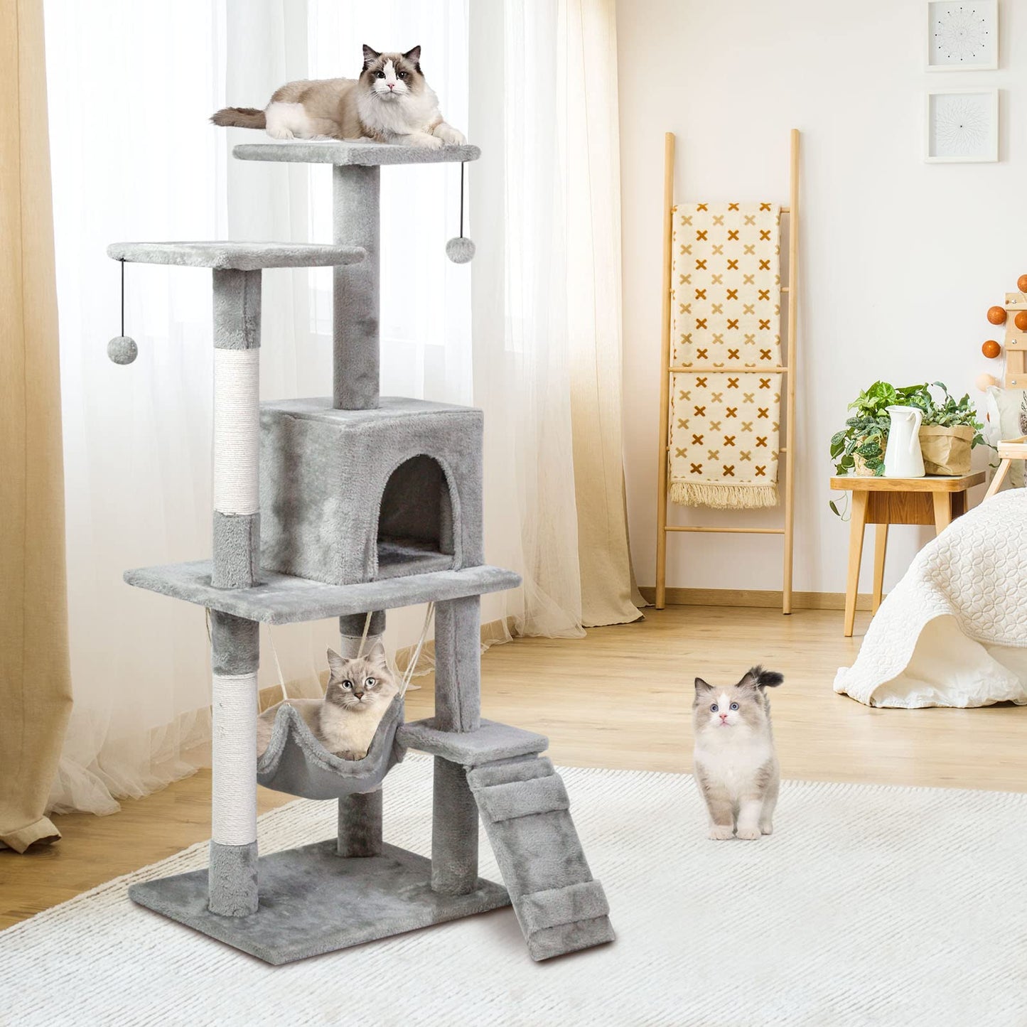 SKY-TOUCH Cat Tree Tower|Durable Cat Condo with Sisal Scratching Posts|Cozy Cat House,|Ladder & Resting Platforms for Indoor Use | Assembly accessories|120×49×39cm,Gray