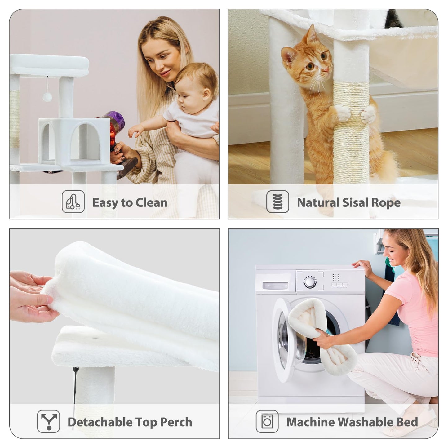 LOYAL RAIN 143 cm Tall Cat Tree for Indoor Cats, Multi-Level Cat Tower with Super Large Hammock, Sisal Covered Scratching Posts, Cozy Condo and Top Perch (Cream White, Large)
