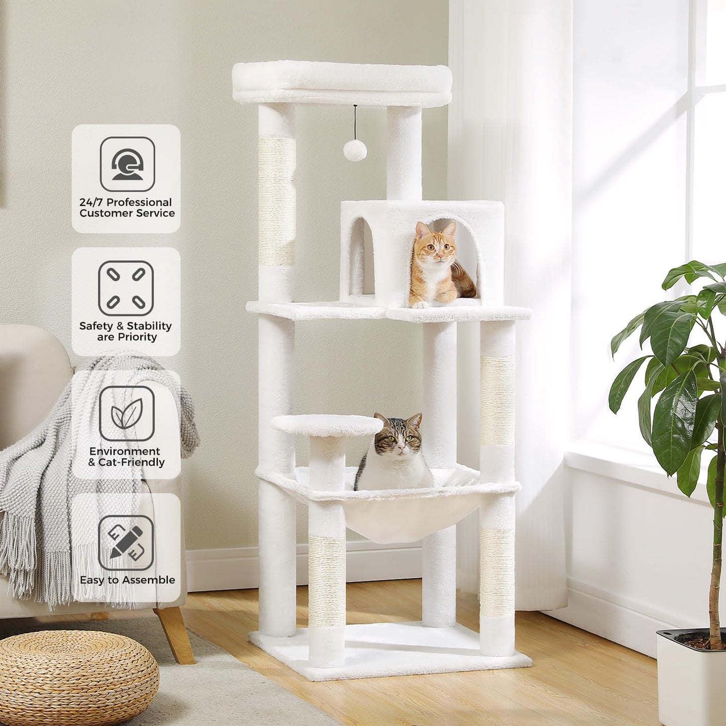 LOYAL RAIN 143 cm Tall Cat Tree for Indoor Cats, Multi-Level Cat Tower with Super Large Hammock, Sisal Covered Scratching Posts, Cozy Condo and Top Perch (Cream White, Large)