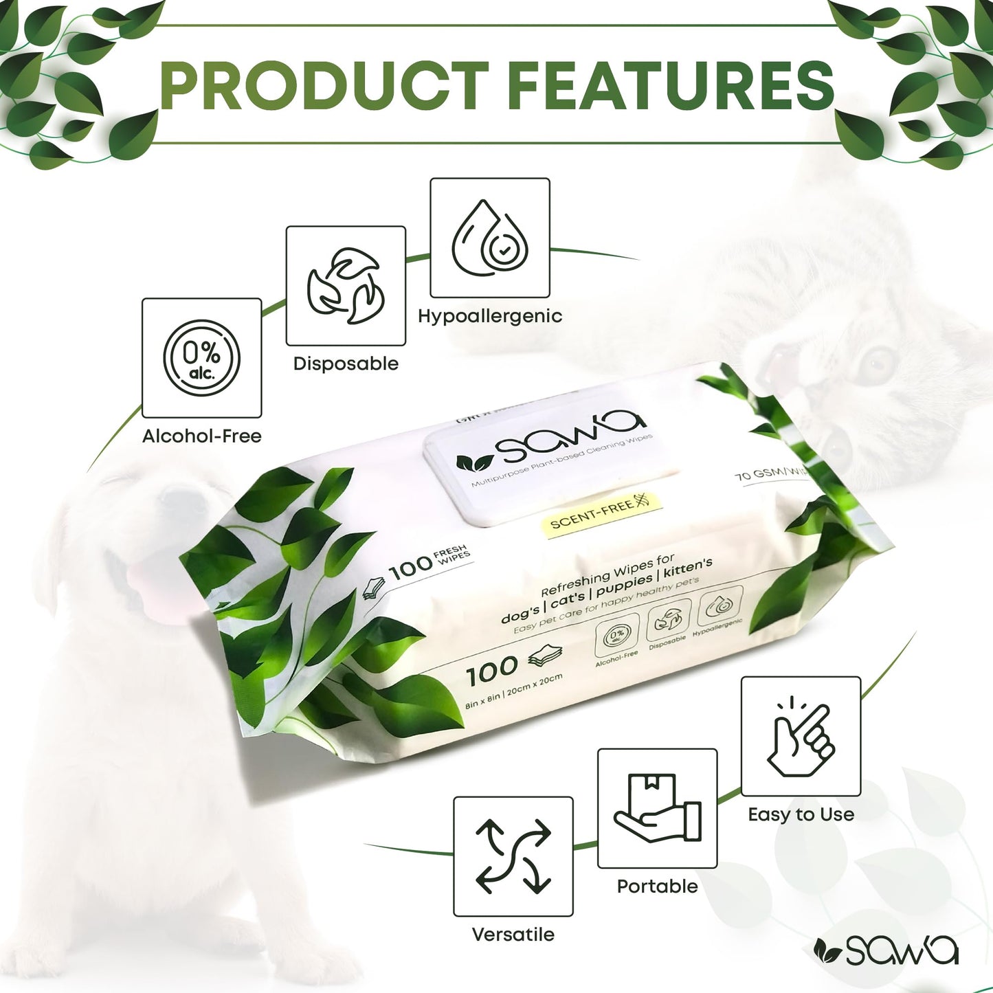SAWA Dog Wipes, 100 Pcs Thick Plant Based Cat Grooming Wipes For Easy Use on Paws, Body and Bum, Unscented pet wipes