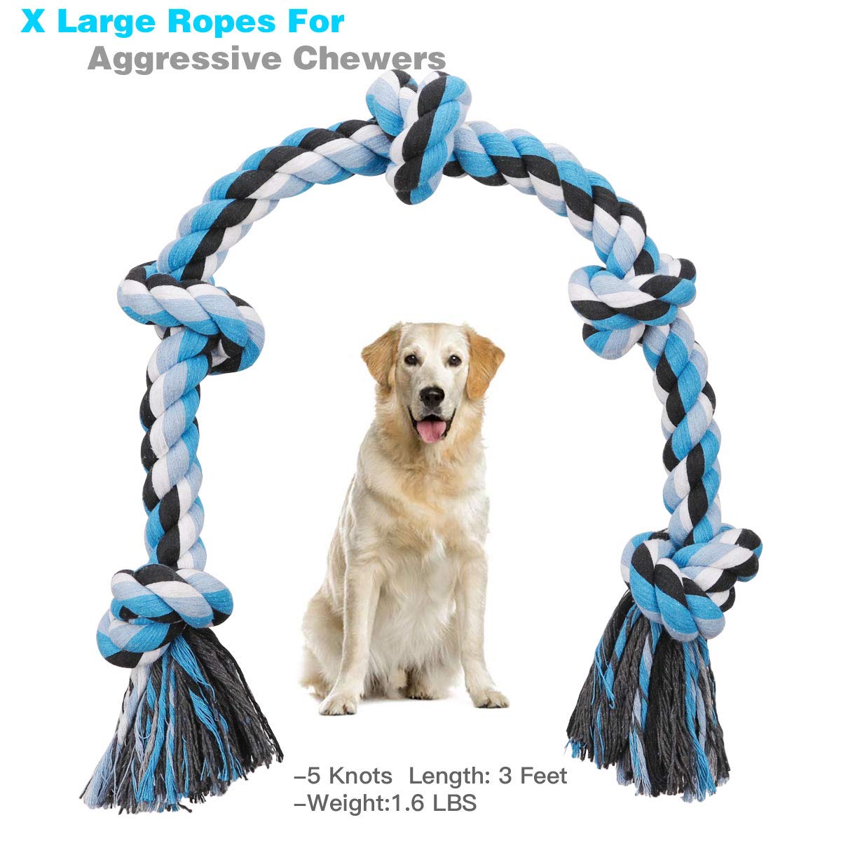 BMAG Dog Rope Toys for Aggressive Chewers, Interactive Heavy Duty Dog Toys for Medium Large Dogs, Tough Twisted Rope Toy with 5 Knots