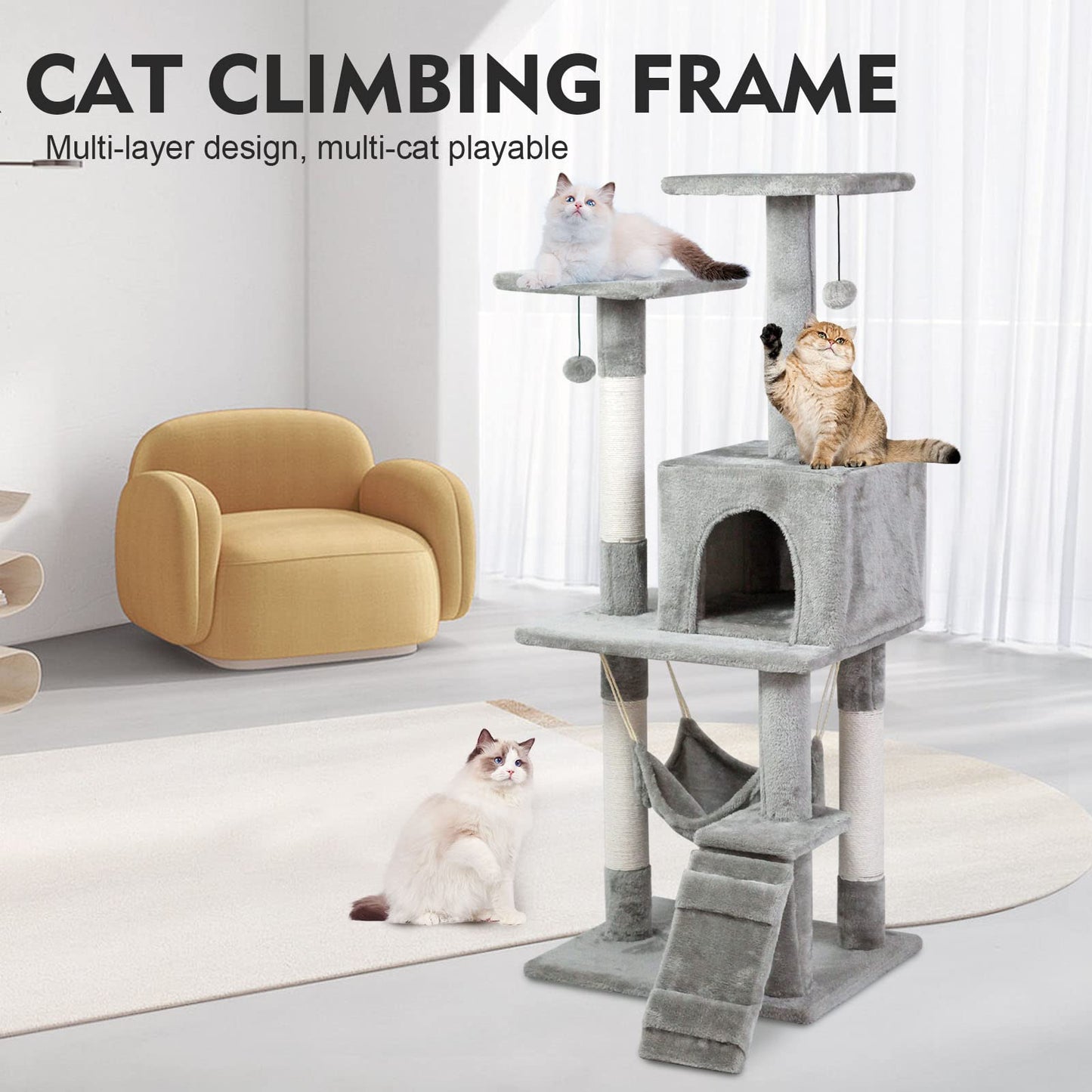 SKY-TOUCH Cat Tree Tower|Durable Cat Condo with Sisal Scratching Posts|Cozy Cat House,|Ladder & Resting Platforms for Indoor Use | Assembly accessories|120×49×39cm,Gray