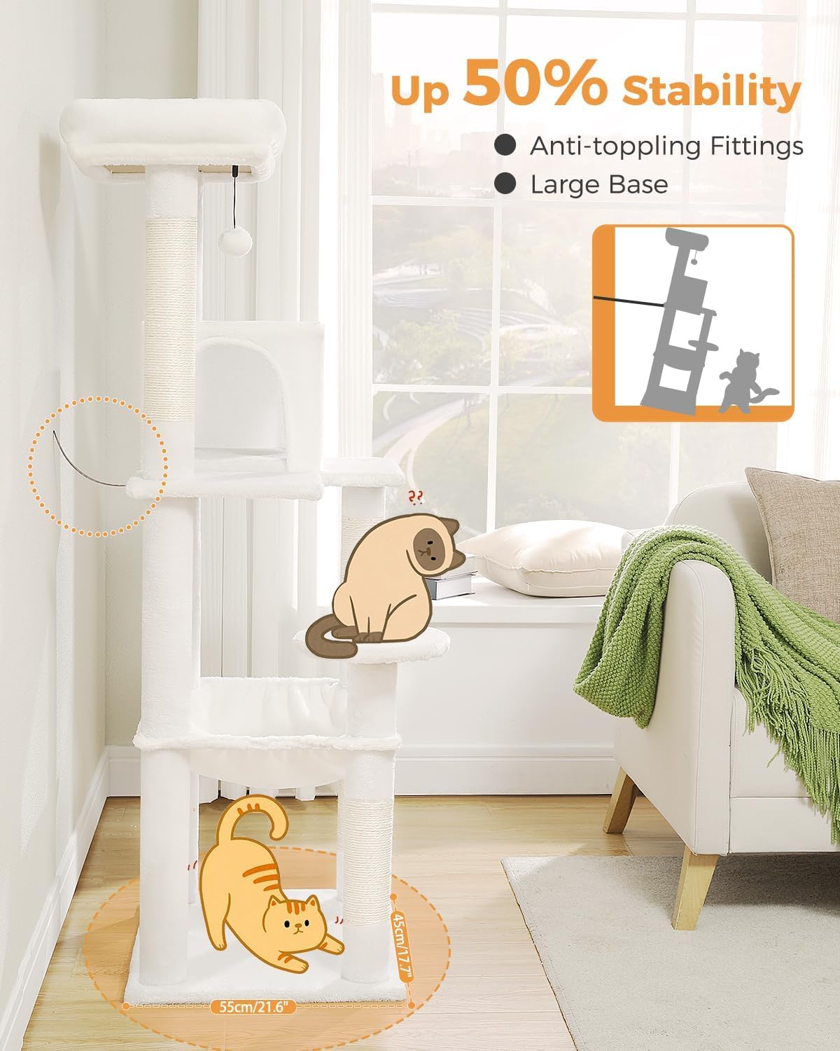 LOYAL RAIN 143 cm Tall Cat Tree for Indoor Cats, Multi-Level Cat Tower with Super Large Hammock, Sisal Covered Scratching Posts, Cozy Condo and Top Perch (Cream White, Large)